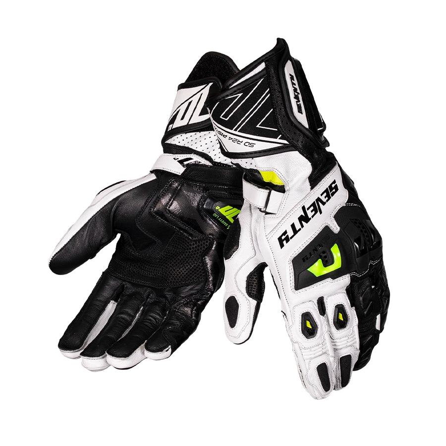 Guantes de moto de verano deportivos de hombre Seventy Degrees SD-R24 Pista blancos, negros y amarillo brillante