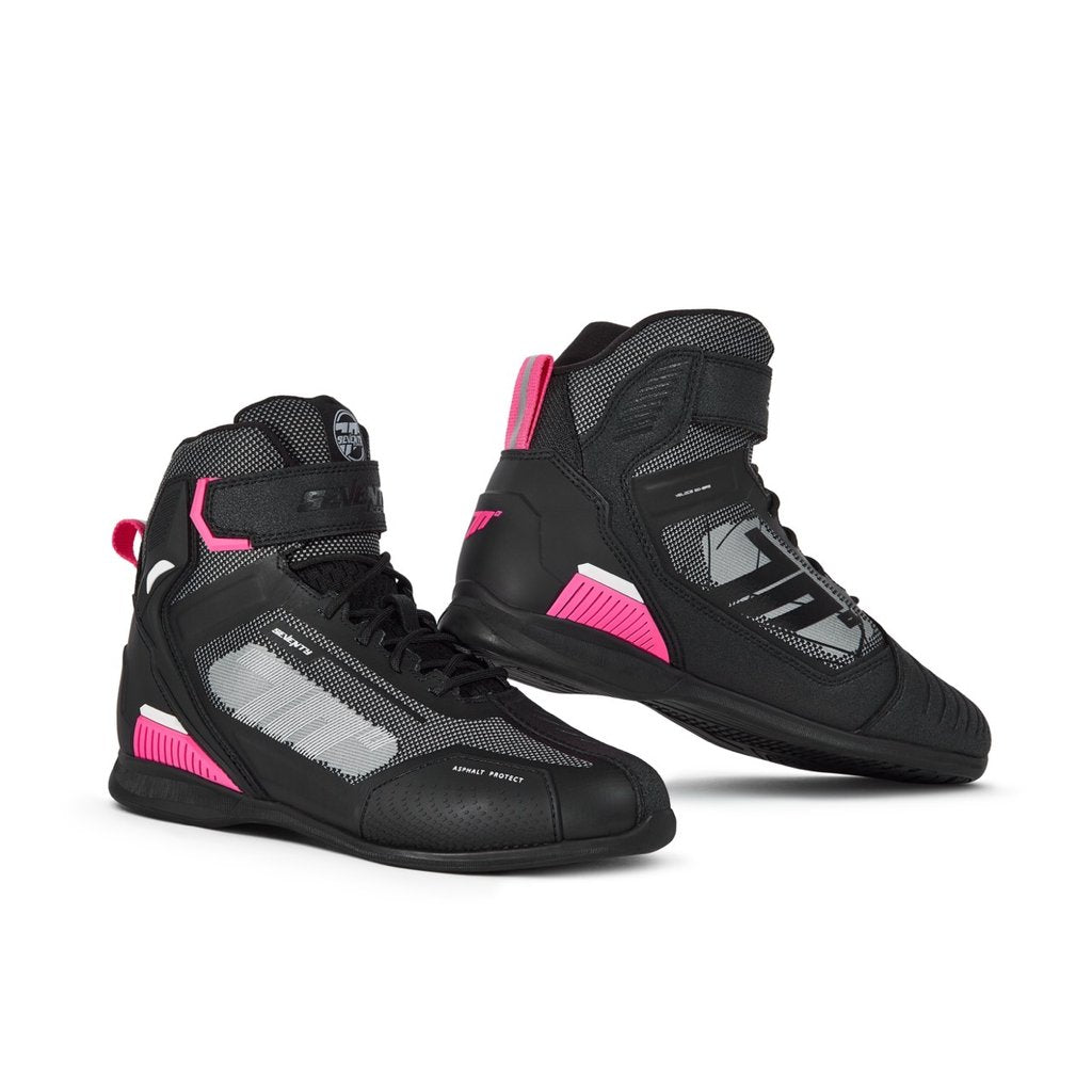 Botas de moto de verano deportivas Seventy Degrees SD-BR2 Veloce negras, rosa y blancas